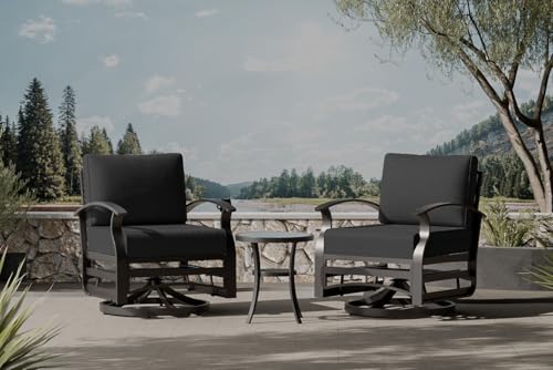Image of Outdoor Patio Furniture Set, 3 Piece Aluminum Metal Chairs Swivel Rocker, Overstuffed Washable Cushions Bistro Set for Porch, Balcony, Deck, Garden Black