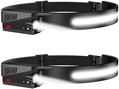 Headlamp Rechargeable, Super Bright 230° Wide Beam LED Headlamp Motion Sensor Headlamp Flashlight , 2 COB Head Lamps Lightweight Waterproof Headlight for Running Camping Hiking Working (Double Black)