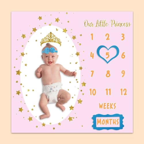Image of Monthly Milestone Blanket for Baby Girl, 40 inchx40 inch Soft Flannel Pink Princess Memory Growth Blanket, Photography Backdrop Prop for Newborn Baby Shower, 1 to 12 Months Include Marks BTXTPH836
