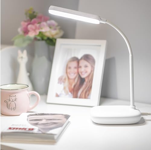 EMOS LED Tischlampe Molly 12W, Helligkeit 650lm, dimmbar, einstellbare Lichtfarbe (3000-6500 K), Flexibler Lampenarm, 1,5m Ladekabel mit 10V Netzadapter, weiß