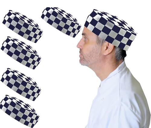 Image of IBEX Chef Skull Caps (Pack of 5) – Polycotton Professional Catering Hats for Chefs, Cooks & Bakers – Breathable Kitchen Work Caps for Men & Women, One Size Fits Most, Black White Check