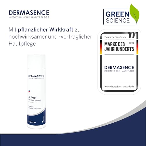 DERMASENCE Adtop Medizinal Shampoo 200 ml – Anti-Schuppen Shampoo für trockene, empfindliche Kopfhaut – Lindert Juckreiz – Feuchtigkeitsspendend – Milde Formel für tägliche Anwendung – Vegan