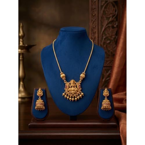 Image of Traditional Gold-Plated Lakshmi Temple Pendant Necklace Set for Women | Antique South Indian Jewelry with Jhumka Earrings | Ethnic Bridal, Wedding & Festive Jewelry Set