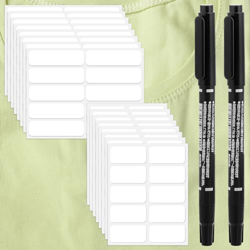 300Pcs Clothing Labels No Iron Laundry Labels Self-Stick Fabric Labels for Clothes Washable with 2Pcs Permanent Fabric Markers for Nursing Home School Daycare Laundry Shop Supplies, 2 Sizes