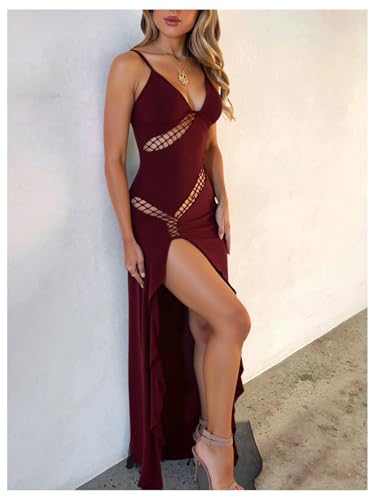 Milumia Women's Hollow Out Split Thigh Cami Dress Sexy Deep V Neck Party Club Maxi Dresses2