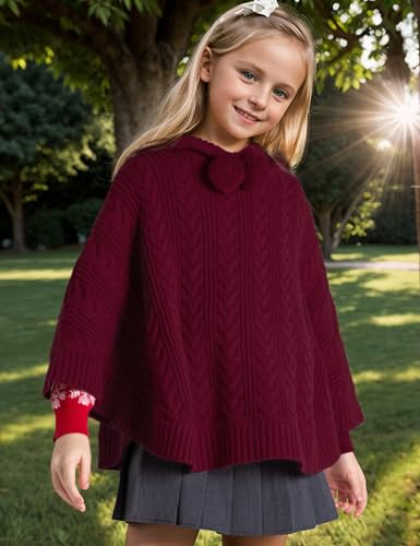 Image of BOBOYOYO Cape for Girls Hooded Cable Knit Poncho Sweaters Kids Shawl
