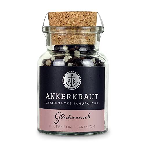 Ankerkraut Glückwunsch Gewürz, Black & White Pfeffer Sonderedition, Ganze Körner für die Mühle, Pfeffer schwarz und weiß zum Würzen von Fleisch, Suppe, Gemüse, Allrounder, 115g im Korkenglas