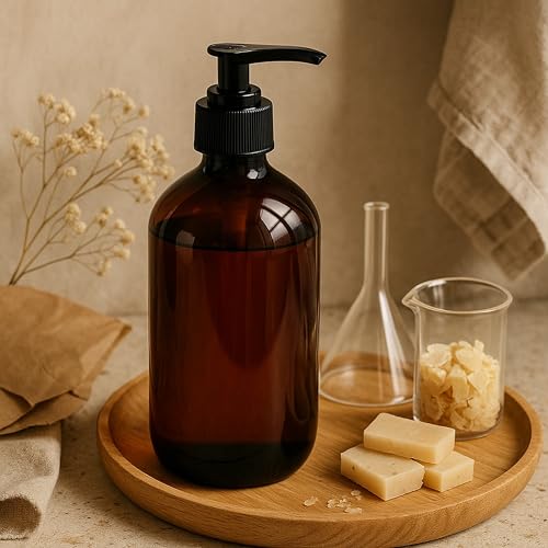 ISOLATECH 4er Set 500ml Badezimmer Seifenspender Flaschen Set mit schwarzer Dosierpumpe - Braune PET Leere Flaschen, Nachfüllbar für Duschgel, Shampoo, Bodylotion - Inkl. 10 Etiketten