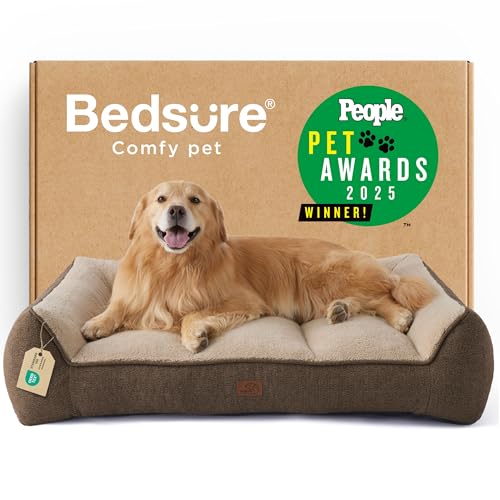 Image of Bedsure SupportMax XL Plus Orthopedic Dog Beds Large Sized Dog - Extra Thick Supportive Dogs Couch with Waterproof Washable Cover, Jumbo Comfort Pet Sofa with Soft Sherpa & Nonskid Bottom, Brown, 48 inch