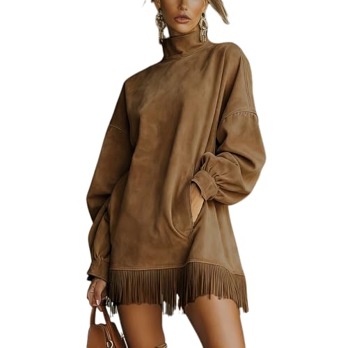Apvirdy Womens Faux Suede Tassel Mini Dress Vintage High Neck