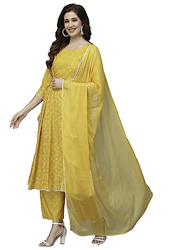 Image of Hisham Women's Rayon Printed Anarkali Kurta with Pants & Dupatta