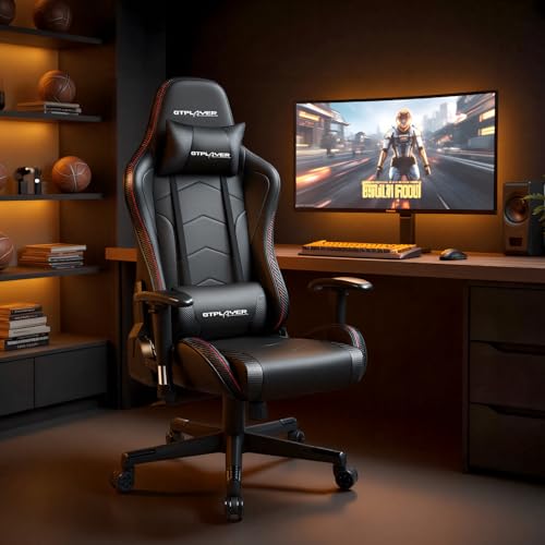 GTPLAYER Gaming Chair with Speakers, Big and Tall Game Chair with Lumbar Support, Ergonomic Comfortable Office Computer Chair for Adults, Height Adjustable Reclining Chairs, 360° Swivel, Black