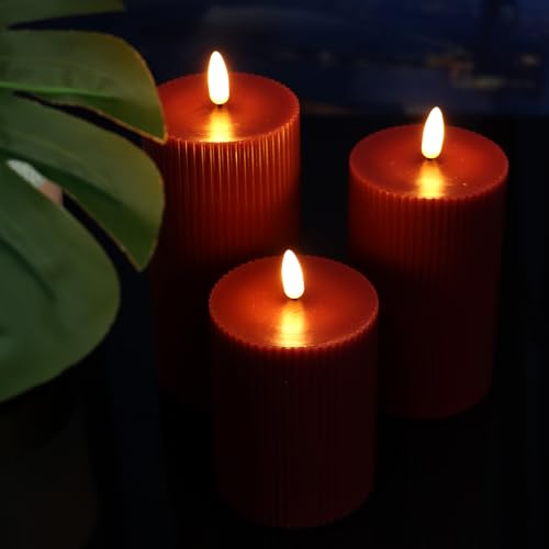 Image of 3 Pack Wax LED Flameless Candles with Remote Real Wax Battery Operated Electric Pillar Candle Set with Vertical Stripes 3D Black Wick for Home Party Wedding Decorations, Burgundy, D 3 x H 4 /5 /6 inch