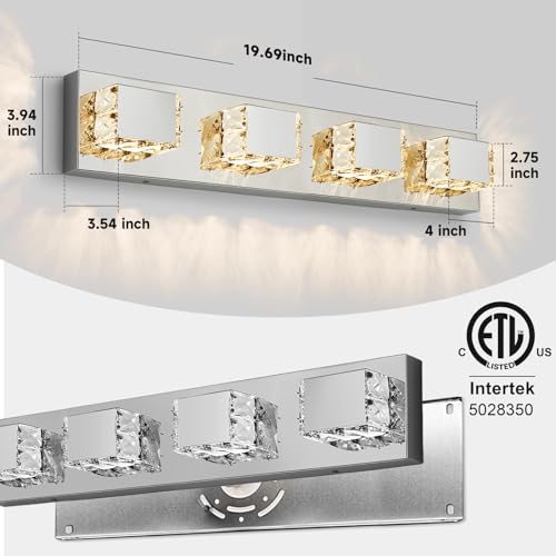 Image of 4-Light Bathroom Light Fixtures,Modern Crystal Bathroom Vanity Lights Fixture Over Mirror, Crystal 4 Lights Wall Sconce for Mirror Bedroom, Living Room