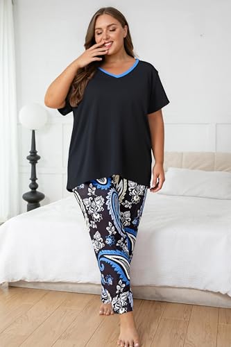 Image of Vozanet Women's Pajama Sets Short Sleeve with Long Pant Soft Sleepwear Printed pj Loungewear With TWO Pockets Size 1X to 5X