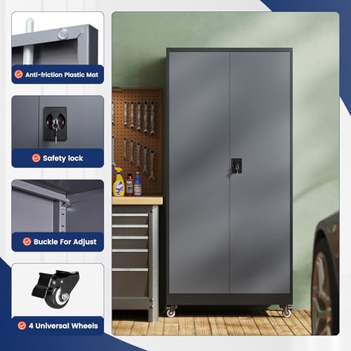 Image of Yizosh Metal Garage Storage Cabinet with Locking Doors and Adjustable Shelves,- 75 inch Rolling Steel Tool Cabinet for Home Office,Garage,Warehouse