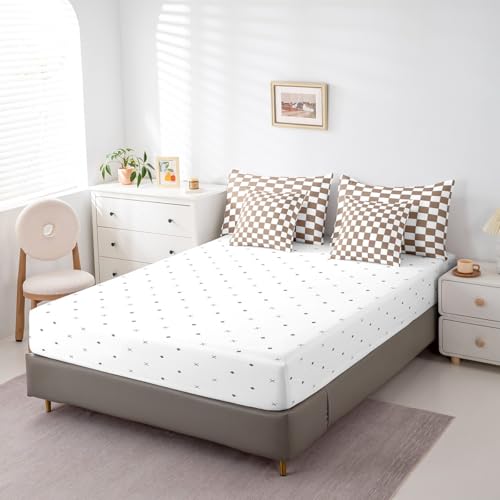 Image of Erosebridal Geometric Checkered Twin Bed in A Bag 7 Piece White Khaki Checkerboard Grid Bedding Set,Buffalo Plaid Gingham Comforter Set with Sheet for Kids Adults Men Geometrical Bed Set