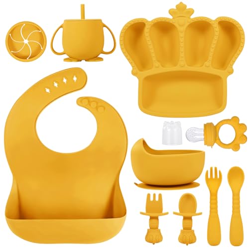 Image of Silicone Baby Feeding Set 10 Pcs Baby Led Weaning Supplies Suction Bowl Divided Plate Baby Bibs Fruit feeder Pacifier Baby Spoons Forks Sippy Cup Utensil Sets Baby Essentials for Newborn Gift Yellow