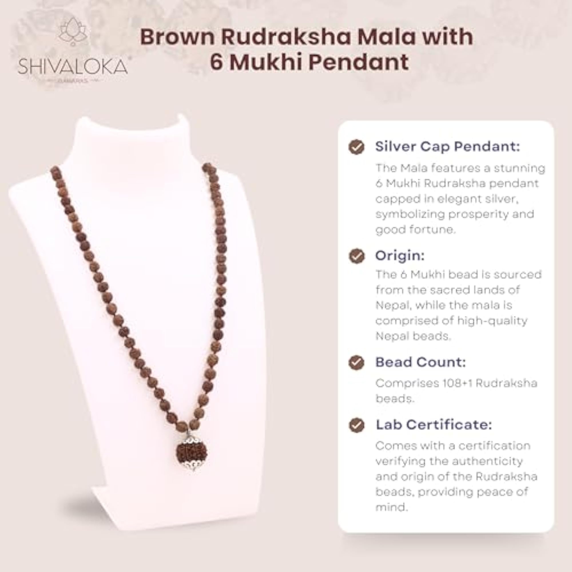 5 Mukhi Rudraksha Mala with 6 Mukhi Pendant, Pure Silver