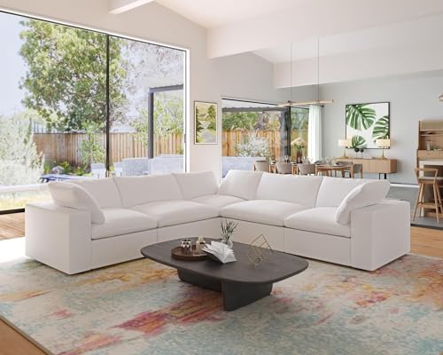 Image of JACH V-Shaped Couch Sectional for Living Room, 5-Seats Modular Convertible Sectional Sofas Couches, Couch Cushion Covers Removable, Cloud Sofa for Living Room, Apartment (White)
