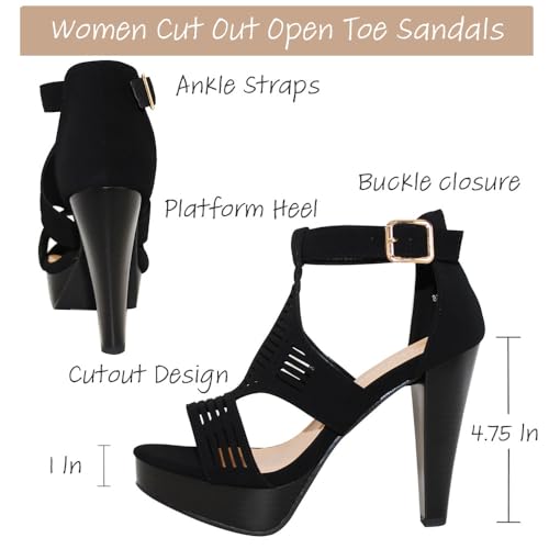 Image of Open Toe Ankle Strap Sandal - Western Bootie Stacked Heel Open Toe Cutout Shoes