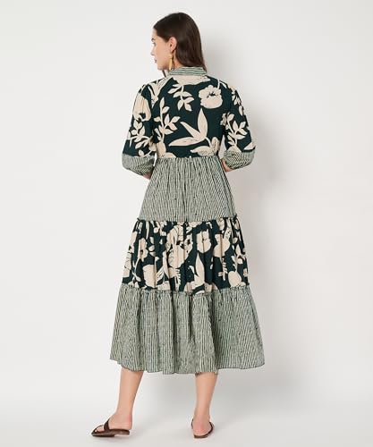 Image of PIDAVLIYA'S Women's Floral Summer Maxi Dress I Cotton Printed I One Piece Bodycon Midi Dress with V-Neck, Puffed Sleeves