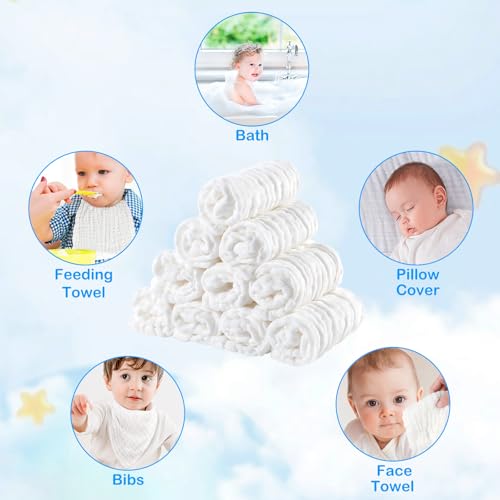 EXTSUD Baby Waschlappen, 10er Musselin Spucktücher Baby 25x25cm Mulltücher Baumwolle Moltontücher Handtücher Weiche Gesichtstücher Neugeborene Baby Wipes(Weiß)