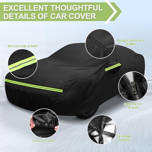 Image of Car Cover for Chevy Camaro 2010-2023 Waterproof All Weather Full Car Cover 210D with Door Zipper & Windproof Bands for Snow Rain Dust Hail Protection Black