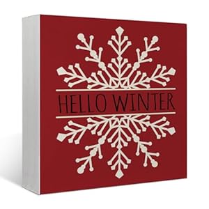 Winter decorchristmas decorations indoor for home wooden box signhello winter red snowflake farmhouse decor for kitchen office desk shelf wall decoration 5 x 5 inch  urban country home decor
