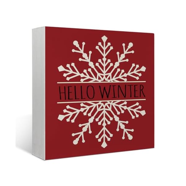Winter decorchristmas decorations indoor for home wooden box signhello winter red snowflake farmhouse decor for kitchen office desk shelf wall decoration 5 x 5 inch  urban country home decor