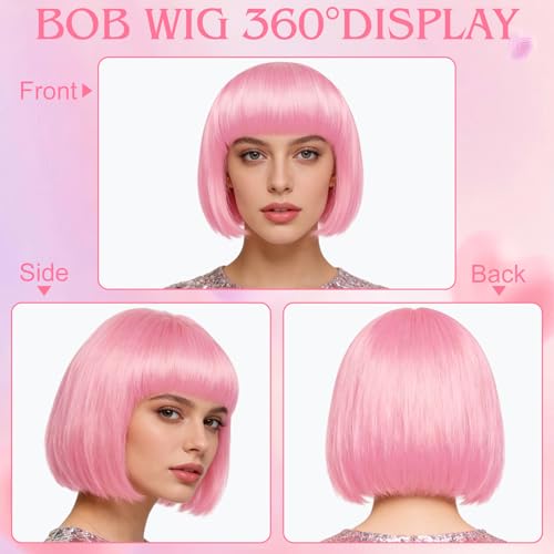 Image of MEEZY 2 Pcs Colorful Bob Wigs with Bangs Black Pink for Women, Neon Fun Wig Short Bob Hair with Heart Sunglasses Hair Cap for Halloween Costume Cosplay Photography Birthday Bachelorette Party Carnival