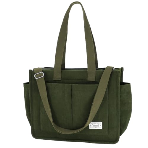 UERRUAM Corduroy Tote Bag for Women with Zipper for College, Work, Travel