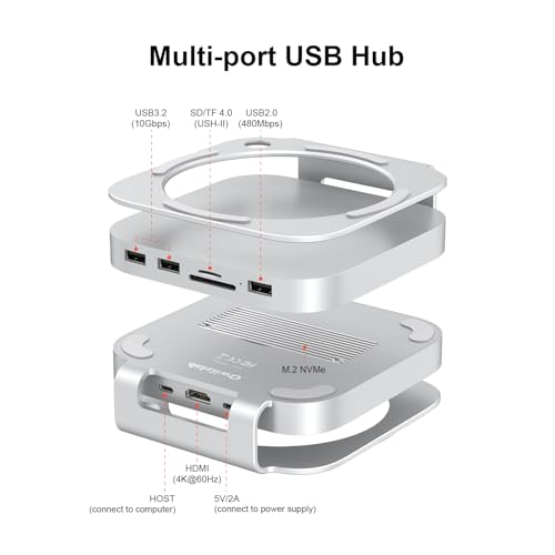 Qwiizlab アルミニウムスタンドハブ SSDエンクロージャ付き Mac Mini M4/M4 Pro用ドッキングステーション USB-A 10Gbps TF/SD 4.0カードリーダー 312MB/秒 USB-A 2.0 M.2 NVMe SSD最大8TBに対応 (シルバー) の商品画像 3