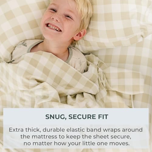 Image of Pobibaby Twin Sheet Set Kids, 3-Piece, Cotton Blend (Gingham Khaki) | Kids Bed Sheet Set, 3-Piece, Fitted Sheet, Flat Sheet, Pillowcase, Cotton Blend, Deep Pockets, Soft, Machine Wash, Seasons