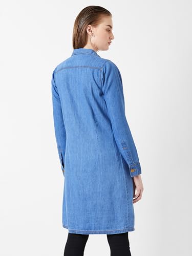 Image of Miss Chase Women's Polo Neck Full Sleeves Patch Pocket Denim Overcoat Knee-Length Jacket