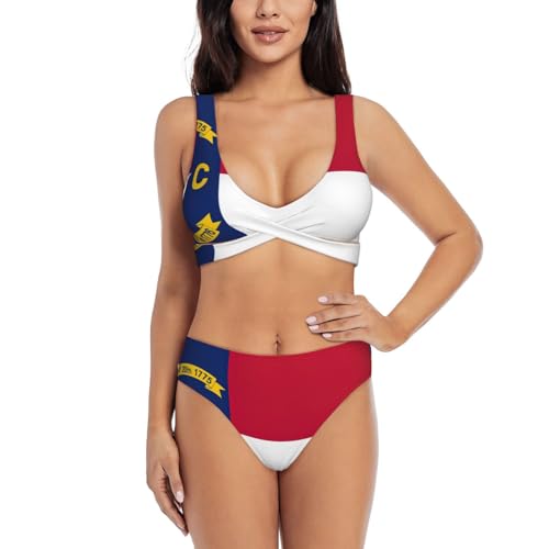 Fgwaauh Snorth - Conjunto de bikini con estampado de bandera del estado de Carolina para mujer, trajes de baño con cuello en V, trajes de baño de playa 2026, Negro, S