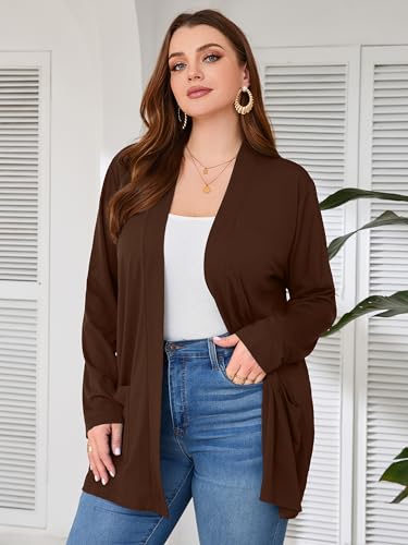 AusLook Women's Plus Size Lightweight Open Front Cardigan Dark Coffee 4X Causal Long Sleeve Cover Ups Shrugs Tops Shawls and Wraps Kimono Jacket Coat — view 5