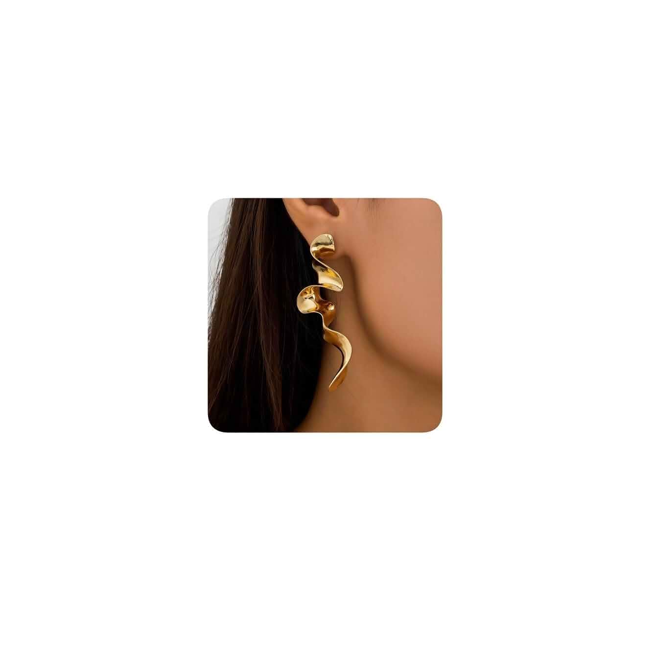 Gold Abstract Geometric Drop Earrings, Twisted Wave Spiral Dangle Earrings, Long Fashion Statement Jewelry for Women