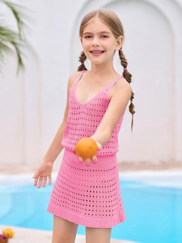Image of Haloumoning Girls Sleeveless Crochet Swimsuit Cover Up Kids Summer Hollow Out Knitted Beach Dress 7-14 Years