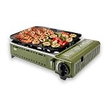 Amig - Camping Gas - Cocina Portátil - Hornillo Grill - Parrilla De Fundición De Aluminio - Con Bandeja Recoge Grasas De Acero Inoxidable - 1,8 Kw Potencia - Cartuchos B-250