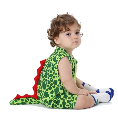 VISGOGO Baby Boy Romper Cartoon Animal Tail Sleeveless Jumpsuits Summer Clothes Toddler Outfits (Green-Dinosaur 2-3 Years)