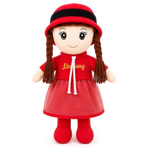 Image of Jiuliang Girl Soft Plush Doll 42 cm | Cute Red Dress Doll with Hat & Long Braided Hair | Embroidered Eyes & Smile | Stuffed Toy for Kids Girls