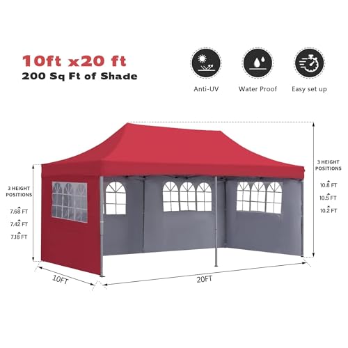 Image of 10x20ft / 3x6m Pop up Outdoor Canopy Tent | Portable Shade Instant Folding Gazebo Tent | Heavy Duty Gazebo Canopy Shelter 2 Mins Installation | 40Kgs (Red with 3 Window Side Walls)