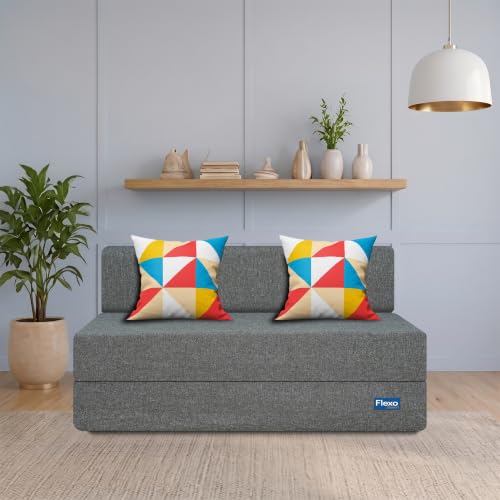 Image of Starlon 2 Seater Foldable Sofa Cum Bed 3-in-1 with 2 Geometrical Pattern Pillows, Washable Jute Fabric Cover, Space Saving Guest Bed, Pre-Assembled Ash Gray 4x6 Ft
