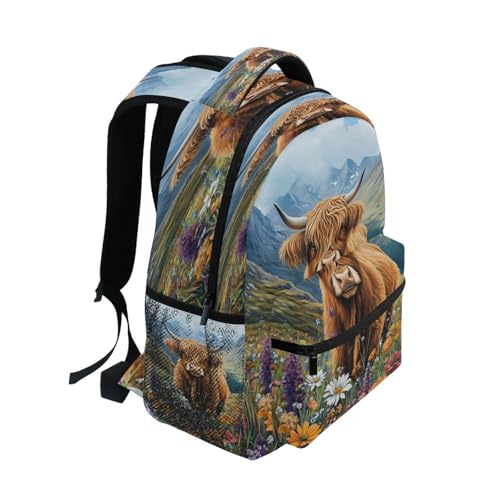 Oil Painting Highland Cow Flower Mountain Backpack for School Boys Girls Adults Kids Bookbag Laptop Bag 18L2