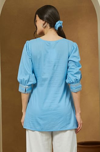 Image of Janasya Women's Pure Cotton Embroidered Straight Tunic
