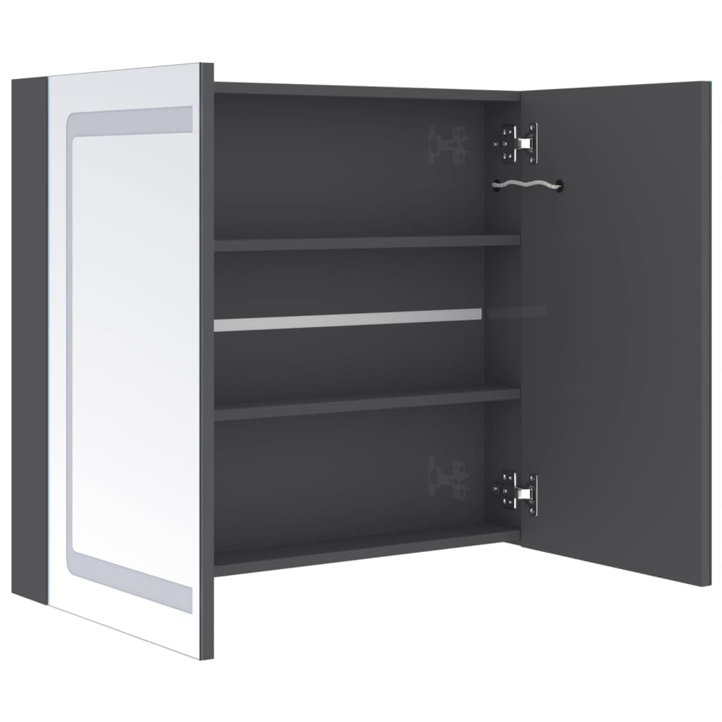 LED-Spiegelschrank für Badezimmer, glänzend Grau, 80x12x68 cm, mit 2 Türen, 3 Einlegeböden, Wandmontage, ideal für Kosmetik, Rasur, Hautpflege