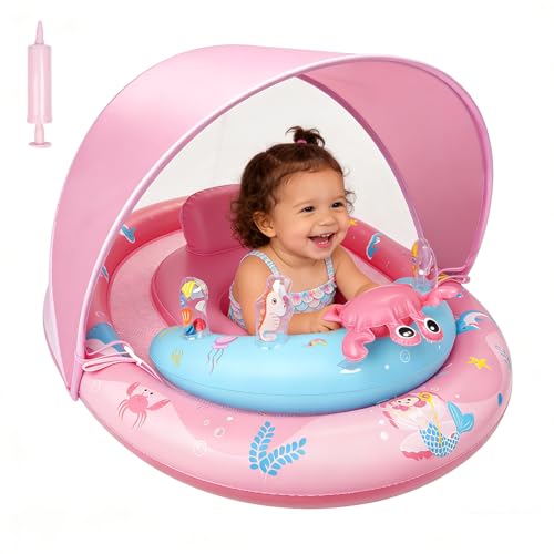 Flotador para bebé con asiento de seguridad ajustable y techo solar UPF50+, ayuda de natación y entrenamiento de natación para niños de 6 a 36 meses, estable piscina flotante para mar, lago y bañera