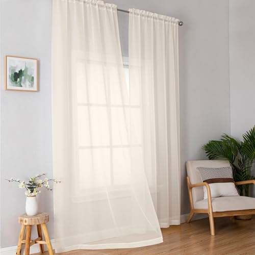 Image of Simplebrand Rod Pocket Top Solid Voile Sheer Curtains for Bedroom, 54 Inch Length Drapes Set of 2, Lightweight and Light Filtering Elegant Curtains Panels Window Treatment, 42Wx54L, Cream