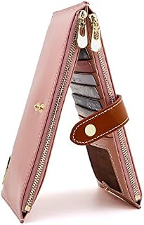 ANDOILT Women's Genuine Leather Wallet RFID Blocking Credit Card Holder Zipper Purse Cell Phone Handbag Pink